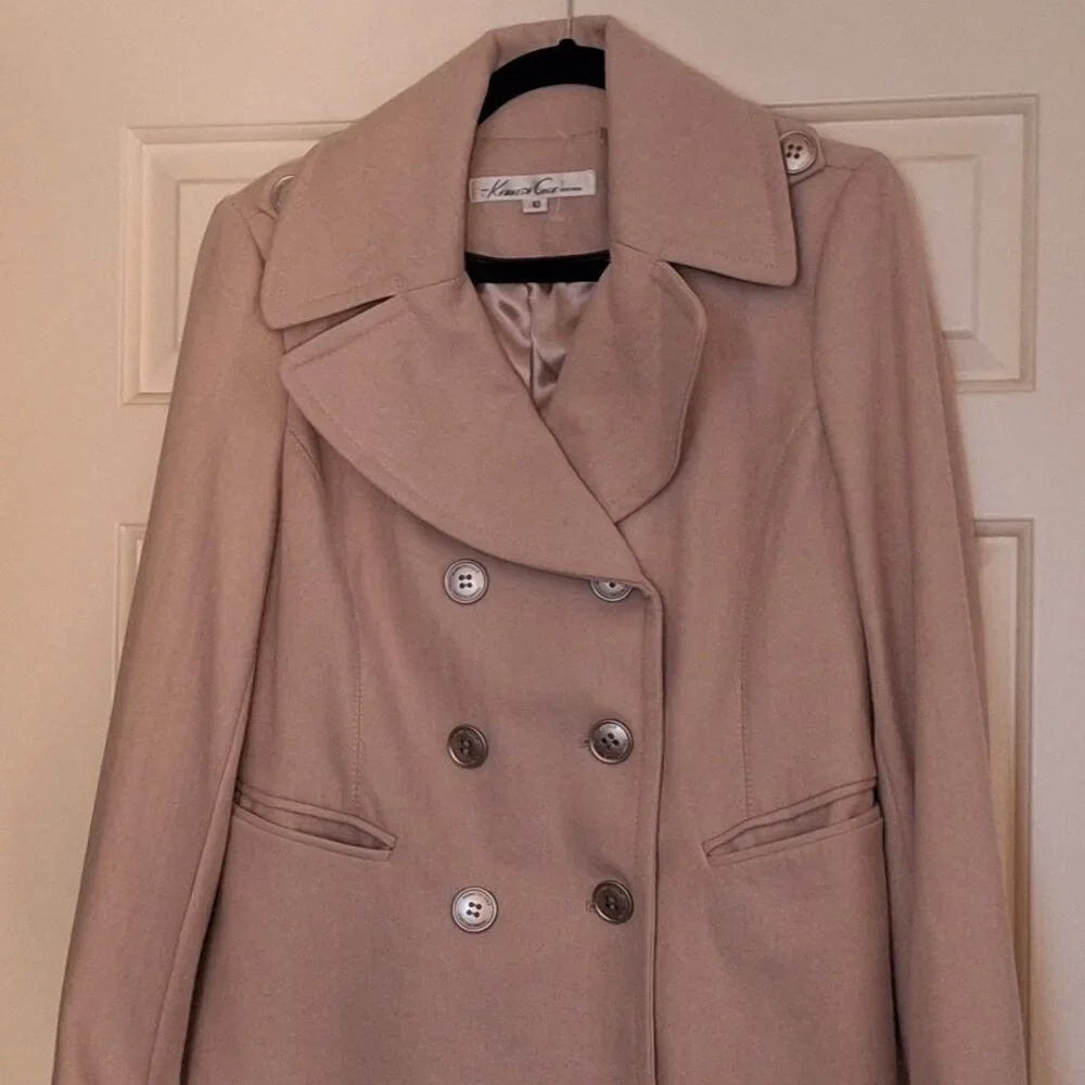 Kenneth Cole New York beige wool double breasted pea coat size 10